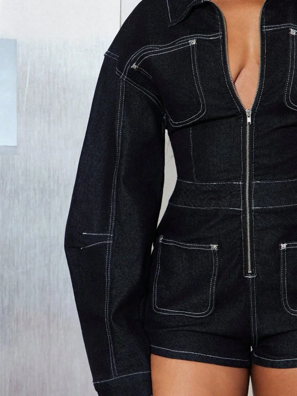 Dark Wash Casual Women's Balloon Sleeve Zip Front Denim Romper